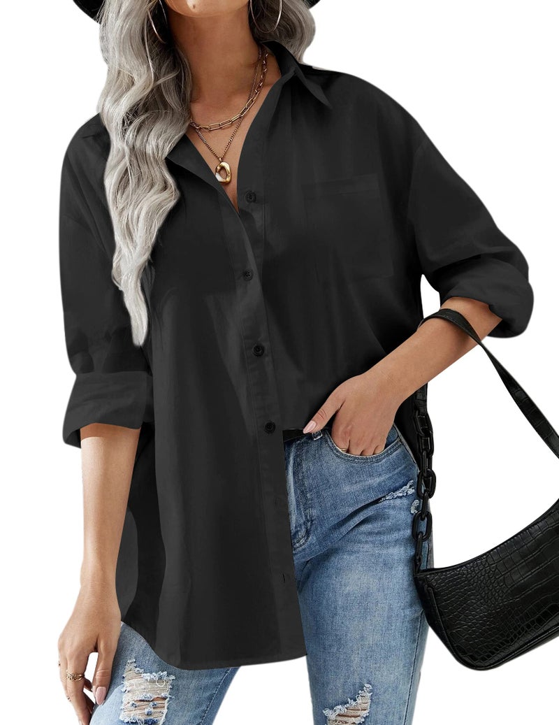 HOTOUCH Womens Black Button Down Shirts Boyfriend Long Sleeve Oversized Collar Shirt Soft Office Blouses with Pockets L - Image 1