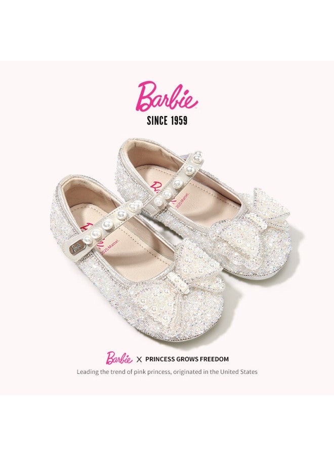 Barbie Girls' Spring And Autumn Pearl Crystal Shoes, Rhinestone Girls' Fashion Leather Shoes, Stage Da6719, Beige, Size 29 - Image 3