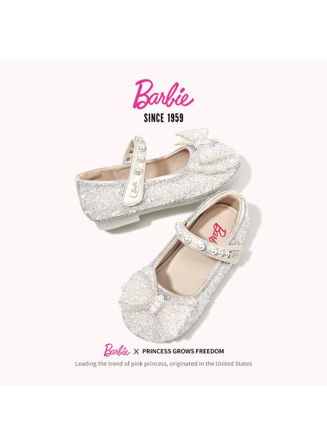 Barbie Girls' Spring And Autumn Pearl Crystal Shoes, Rhinestone Girls' Fashion Leather Shoes, Stage Da6719, Beige, Size 29 - Image 2