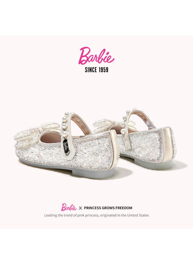 Barbie Girls' Spring And Autumn Pearl Crystal Shoes, Rhinestone Girls' Fashion Leather Shoes, Stage Da6719, Beige, Size 29 - Image 5