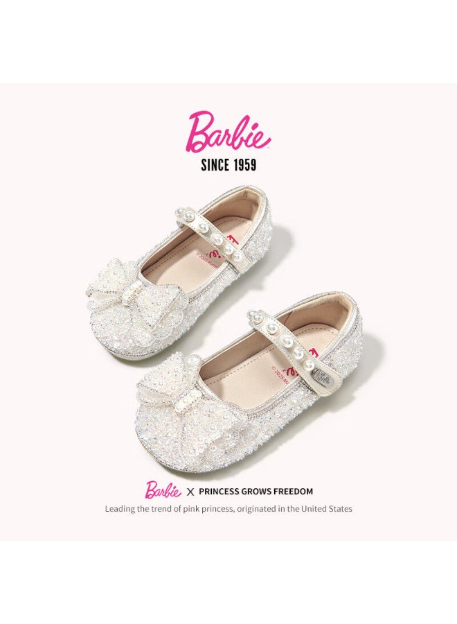 Barbie Girls' Spring And Autumn Pearl Crystal Shoes, Rhinestone Girls' Fashion Leather Shoes, Stage Da6719, Beige, Size 29 - Image 4