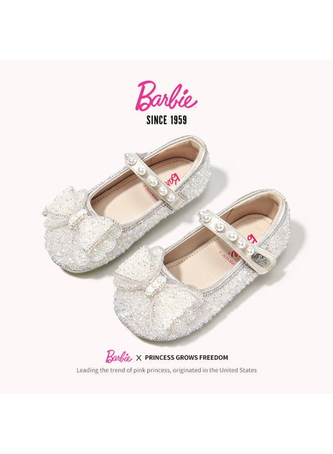 Barbie Girls' Spring And Autumn Pearl Crystal Shoes, Rhinestone Girls' Fashion Leather Shoes, Stage Da6719, Beige, Size 29 - Image 1