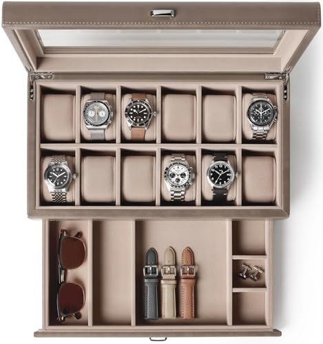 TAWBURY 12 Slot Watch Box with Storage Drawer Premium Watch Storage Case for Men Women Handcrafted from PU Leather Engineered Wood Taupe - Image 1