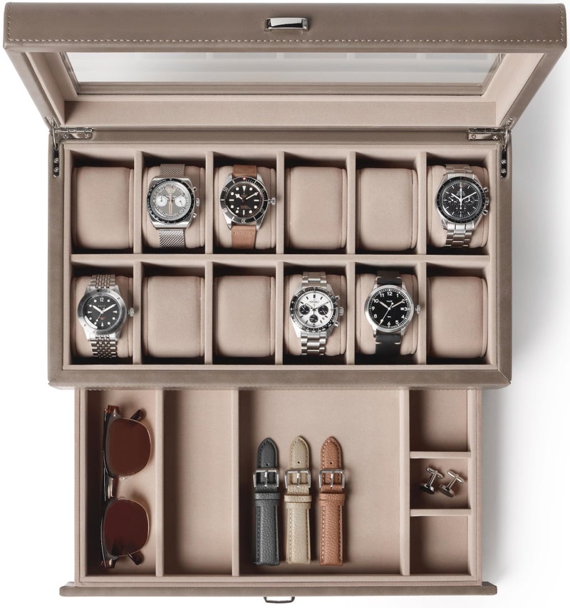 TAWBURY 12 Slot Watch Box with Storage Drawer Premium Watch Storage Case for Men Women Handcrafted from PU Leather Engineered Wood Taupe - Image 2