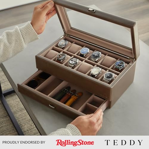 TAWBURY 12 Slot Watch Box with Storage Drawer Premium Watch Storage Case for Men Women Handcrafted from PU Leather Engineered Wood Taupe - Image 3