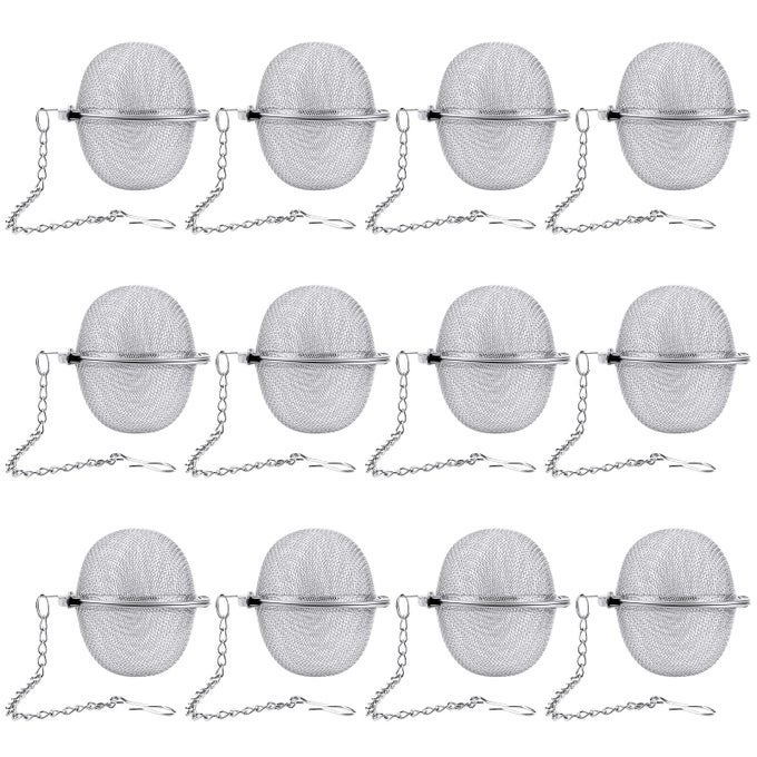 12 PACK TEA BALL INFUSER STAINLESS STEEL MESH TEA STRAINER FILTERS TEA INTERVAL DIFFUSER WITH EXTENDED CHAIN HOOK FOR BREW LOOSE LEAF TEA AND SPICES SEASONINGS