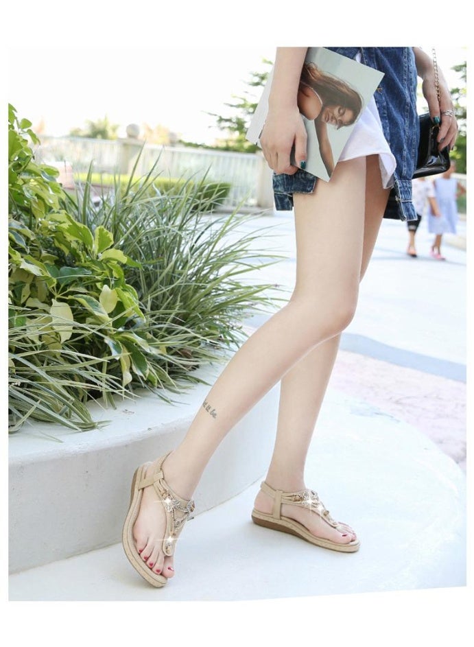 NIBEMINENT Summer Shoes for Women Fashion Bohemia Women Crystal Bead Flat Sandals Casual Flip Flops Slip on Sandalias Beach Shoes - Image 2