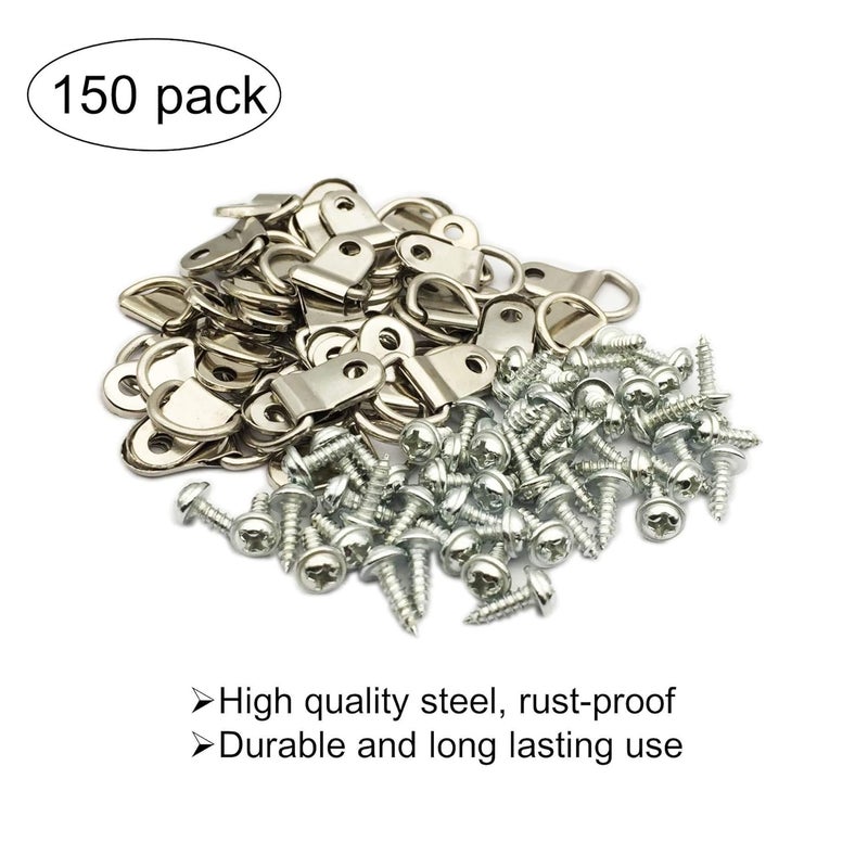 EesTeck 150 Pack Small D-Ring Steel Picture Hangers With Screws for Frames, Clocks, Paintings, Artwork, Photos, Mirrors - Hanging Solutions - Image 2