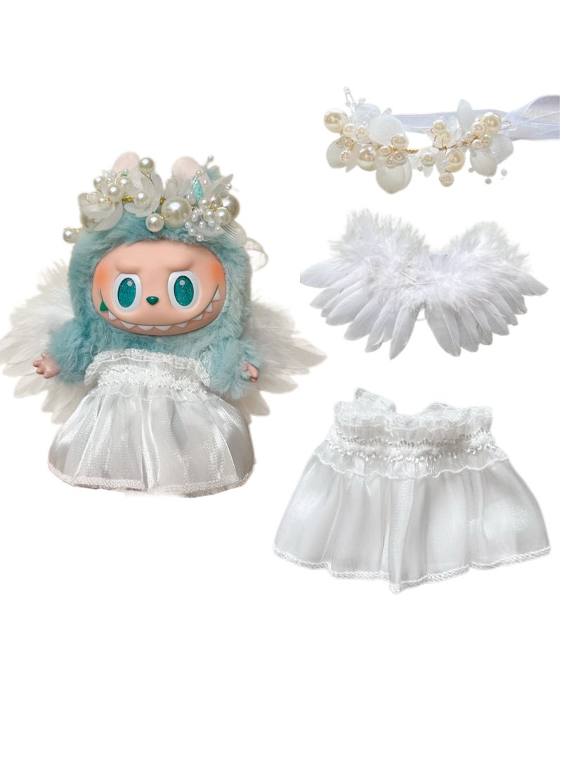 CUNUUDOOL 3pcs Cute Clothes Set & Outfit Set For 17cm Dolls, Labubu Clothes,Include:a Pair Of Angel Wings, White Gauze Skirt, Pearl Flower Headdress Accessories.Interchangeable Clothing For 1/2/3, Generation. - Image 1