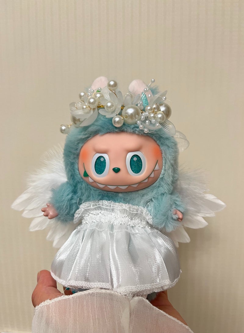 CUNUUDOOL 3pcs Cute Clothes Set & Outfit Set For 17cm Dolls, Labubu Clothes,Include:a Pair Of Angel Wings, White Gauze Skirt, Pearl Flower Headdress Accessories.Interchangeable Clothing For 1/2/3, Generation. - Image 2