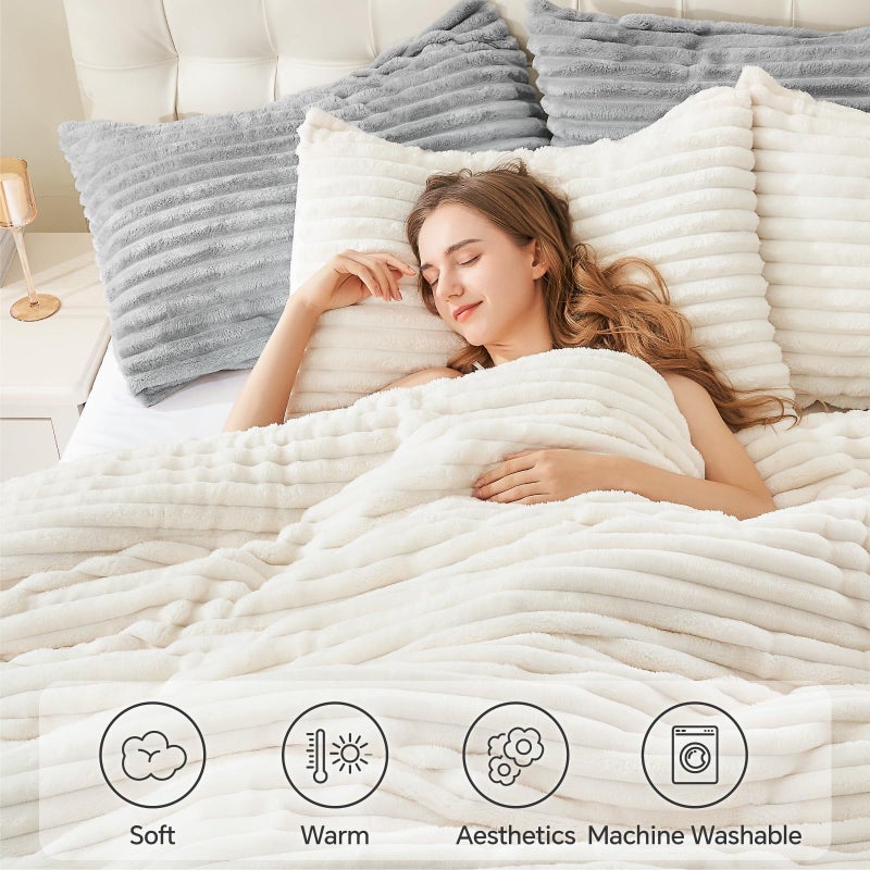 BEDELITE BEDELITE Fleece Queen Comforter Set -Super Soft & Warm Fluffy Cream White Bedding, Luxury Fuzzy Heavy Bed Set for Winter with 2 Pillow Cases  - Image 5