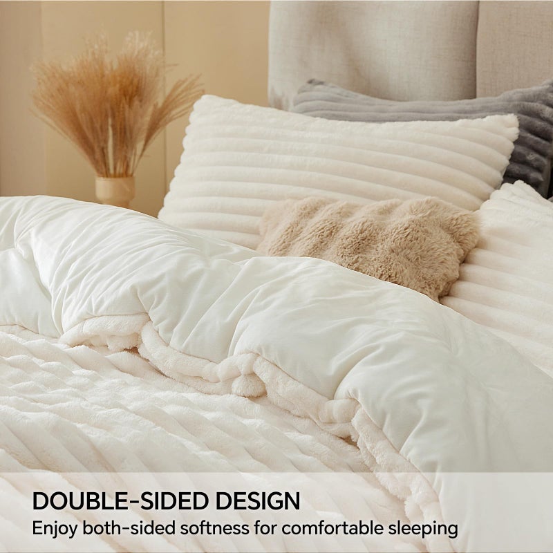 BEDELITE BEDELITE Fleece Queen Comforter Set -Super Soft & Warm Fluffy Cream White Bedding, Luxury Fuzzy Heavy Bed Set for Winter with 2 Pillow Cases  - Image 4