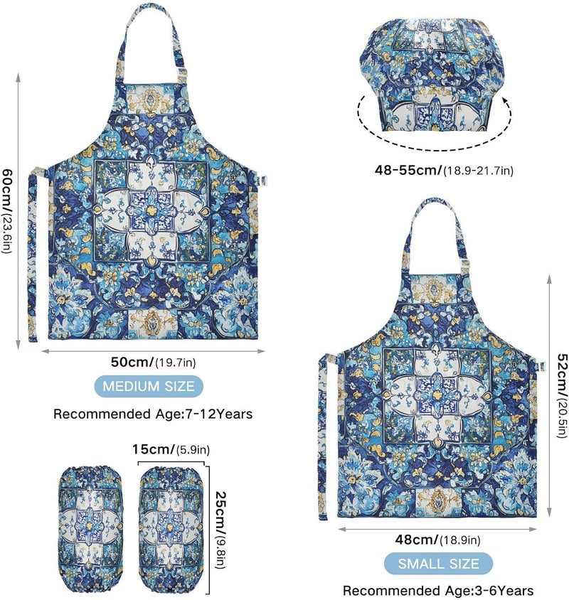 Kids Smocks Functional Bohemian Vintage Mandala Flower Cooking Aprons Toddler Chef Hat Set for Cooking Painting 3-12 - Image 3