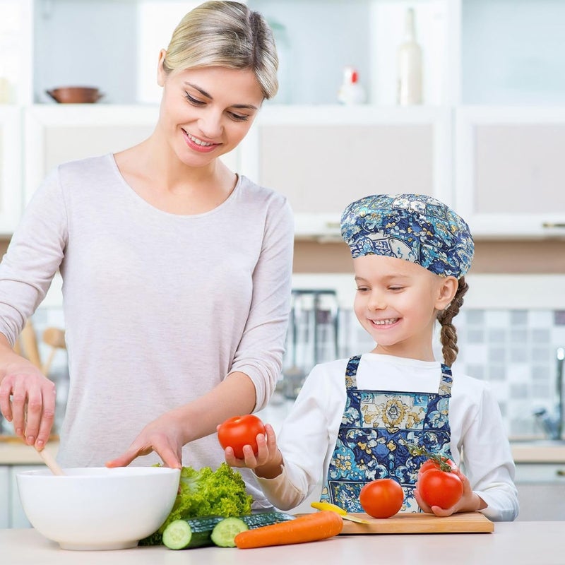 Kids Smocks Functional Bohemian Vintage Mandala Flower Cooking Aprons Toddler Chef Hat Set for Cooking Painting 3-12 - Image 5