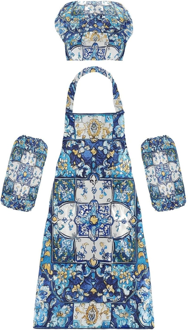Kids Smocks Functional Bohemian Vintage Mandala Flower Cooking Aprons Toddler Chef Hat Set for Cooking Painting 3-12 - Image 1