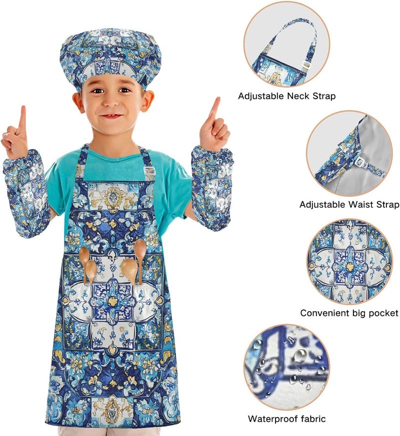 Kids Smocks Functional Bohemian Vintage Mandala Flower Cooking Aprons Toddler Chef Hat Set for Cooking Painting 3-12 - Image 4