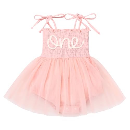 OBEEII One Year Old Birthday Girl Outfit Spaghetti Straps Sweet One Romper Dress and Headband First Birthday Cake Smash Photoshoot Outfit Pink 6-12 Months - Image 3