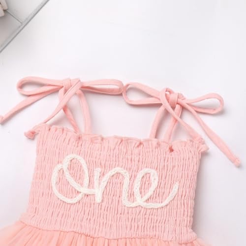 OBEEII One Year Old Birthday Girl Outfit Spaghetti Straps Sweet One Romper Dress and Headband First Birthday Cake Smash Photoshoot Outfit Pink 6-12 Months - Image 4