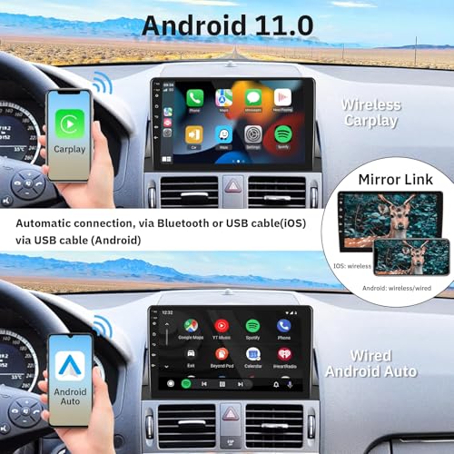 Podofo راديو سيارة أندرويد لمرسيدس بنز C Class W204 S204 2006-2011 يدعم Carplay اللاسلكي مع شاشة تعمل باللمس 9 بوصة 2+64G HiFi أوتوراديو أندرويد أوتو واي فاي نظام الملاحة GPS كاميرا خلفية - Image 2