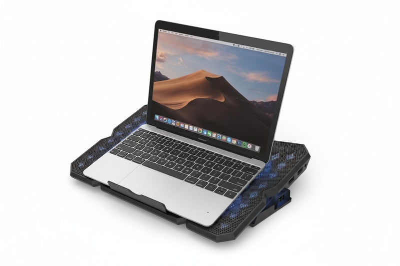 JERTECH Professional laptop cooling pad with 6 fans, blue LED lighting, adjustable speed up to 3400 RPM, ergonomic design with adjustable angle, supports devices up to 19 inches, black - Model KL333 - Image 2