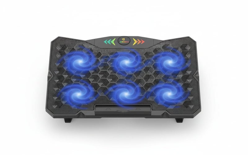 JERTECH Professional laptop cooling pad with 6 fans, blue LED lighting, adjustable speed up to 3400 RPM, ergonomic design with adjustable angle, supports devices up to 19 inches, black - Model KL333 - Image 1