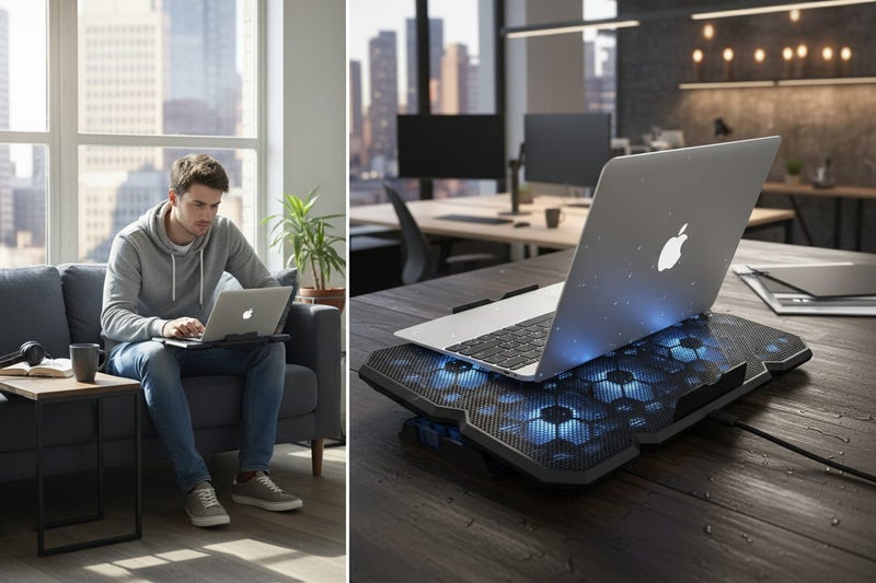 JERTECH Professional laptop cooling pad with 6 fans, blue LED lighting, adjustable speed up to 3400 RPM, ergonomic design with adjustable angle, supports devices up to 19 inches, black - Model KL333 - Image 5