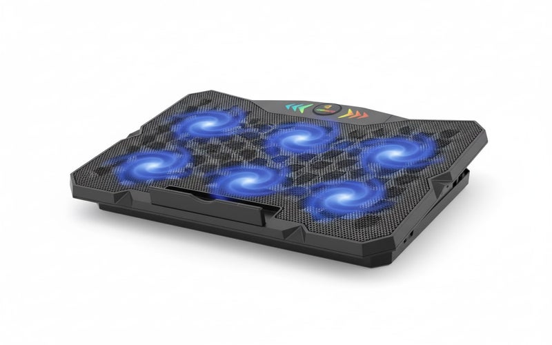 JERTECH Professional laptop cooling pad with 6 fans, blue LED lighting, adjustable speed up to 3400 RPM, ergonomic design with adjustable angle, supports devices up to 19 inches, black - Model KL333 - Image 3
