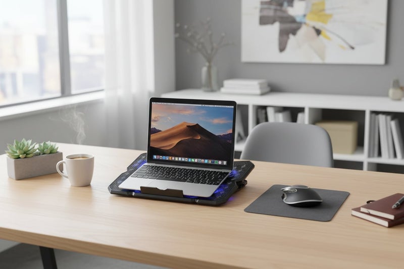 JERTECH Professional laptop cooling pad with 6 fans, blue LED lighting, adjustable speed up to 3400 RPM, ergonomic design with adjustable angle, supports devices up to 19 inches, black - Model KL333 - Image 4