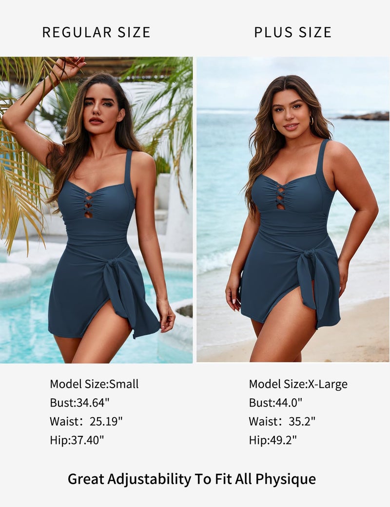 Zilcremo Swim Dress for Women Tummy Control One Piece Swimsuit Wrap Swimdress Square Neck Skirted Bathing Suit Swimwear Insigniablue XL - Image 5