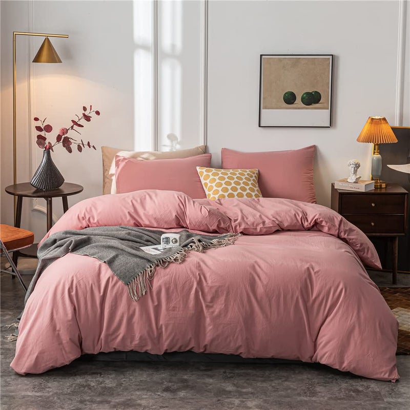 Janlive Washed Cotton Duvet Cover Full Ultra Soft 100 Cotton Solid Color Rose Duvet Cover Set with Zipper Closure 3 Pieces Pink Bean Paste Full