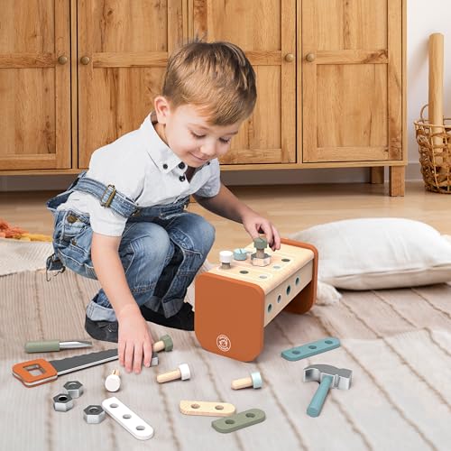 SPEEDY MONKEY 2in1 Wooden Tool Box Workbench FSC Certified Pretend Play Workshop Set for Kids with Tools Wrench Hammer Saw Role Play Car Construction Toy for Toddlers Preschoolers - Image 5