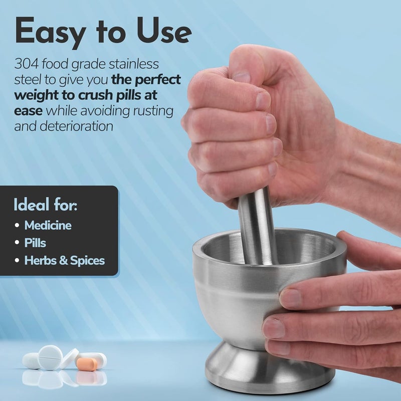 MEDca Pill Crusher 304 Food Grade Stainless Steel Mortar and Pestle Medicine Grinder Set NonSlip Splitter to Easily Crush Medicine Pills Tablets Vitamins to Fine Powder for Adults Seniors Dogs Pets - Image 3