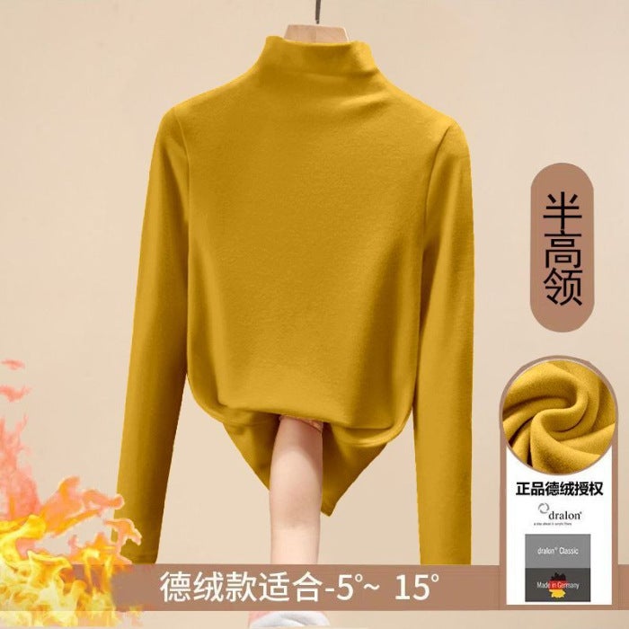 Double-sided Velvet Semi-high Collar Base Shirt Womens Spring Autumn and Winter Interior fleece-lined Thickened 2023 Womens Warm Top Western Style ginger yellow - Image 1