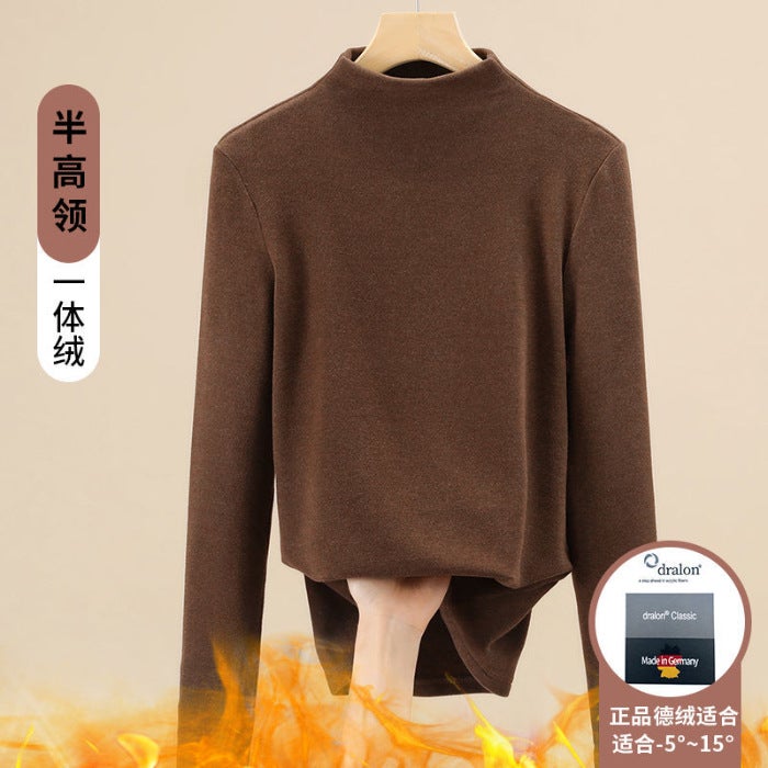 Double-sided Velvet Semi-high Collar Base Shirt Womens Spring Autumn and Winter Interior fleece-lined Thickened 2023 Womens Warm Top Western Style ginger yellow - Image 2