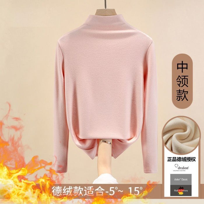 Double-sided Velvet Semi-high Collar Base Shirt Womens Spring Autumn and Winter Interior fleece-lined Thickened 2023 Womens Warm Top Western Style ginger yellow - Image 5