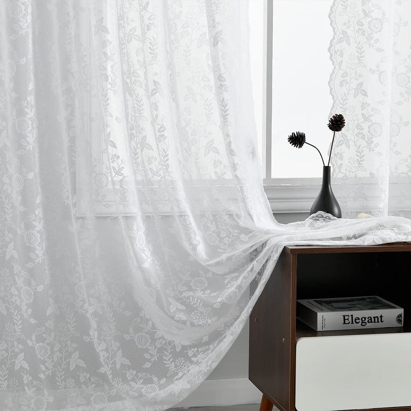 FINECITY White Lace Curtains 72 Inch Length Country Rusitc Floral Lace Curtains for Bedroom Scalloped Edge Vintage Sheer Curtain for Living Room 52 x 72 Inch 2 Panels White