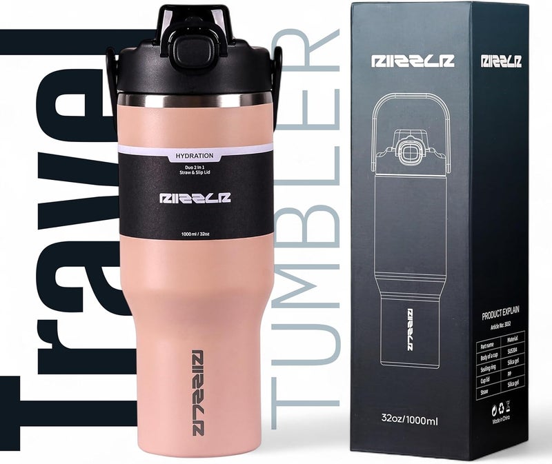 Riizzlr 1000ml Insulated Water Bottle Tumbler with 2-in-1 Straw & Sip Lid – Stainless Steel Vacuum Flask, Double Wall, BPA-Free, Leakproof, Wide Mouth, Keeps Drinks Hot 12H / Cold 24H (Dusty Pink) - Image 2
