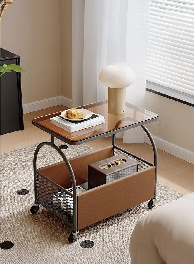 شو وو طاولة جانبية دوارة بعجلات، طاولة كريمية متحركة، مناسبة لغرف المعيشة وغرف النوم والشرفات والطاولات الجانبية البسيطة، طاولة جانبية بجانب السرير، طاولة أريكة جانبية، أثاث عصري موفر للمساحة، ديكور منزلي سهل النقل، لون زجاجي أسود وبني. - Image 1