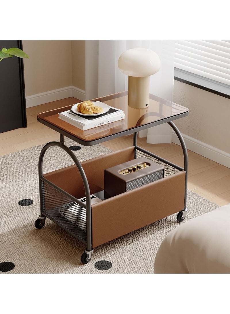 شو وو طاولة جانبية دوارة بعجلات، طاولة كريمية متحركة، مناسبة لغرف المعيشة وغرف النوم والشرفات والطاولات الجانبية البسيطة، طاولة جانبية بجانب السرير، طاولة أريكة جانبية، أثاث عصري موفر للمساحة، ديكور منزلي سهل النقل، لون زجاجي أسود وبني. - Image 2