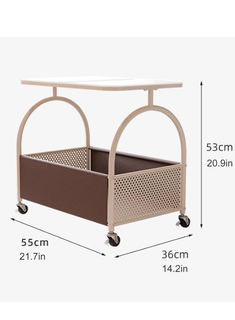 شو وو طاولة جانبية دوارة بعجلات، طاولة كريمية متحركة، مناسبة لغرف المعيشة وغرف النوم والشرفات والطاولات الجانبية البسيطة، طاولة جانبية بجانب السرير، طاولة أريكة جانبية، أثاث عصري موفر للمساحة، ديكور منزلي سهل النقل، لون زجاجي أسود وبني. - Image 3
