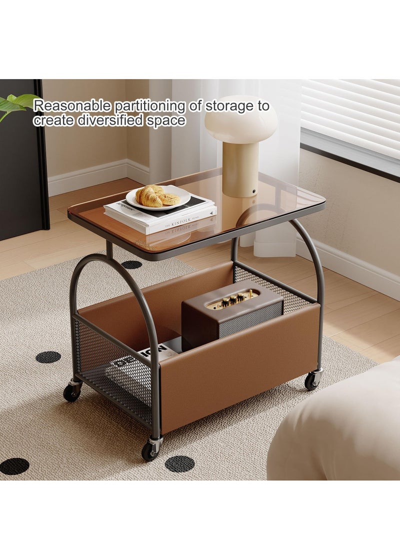 شو وو طاولة جانبية دوارة بعجلات، طاولة كريمية متحركة، مناسبة لغرف المعيشة وغرف النوم والشرفات والطاولات الجانبية البسيطة، طاولة جانبية بجانب السرير، طاولة أريكة جانبية، أثاث عصري موفر للمساحة، ديكور منزلي سهل النقل، لون زجاجي أسود وبني. - Image 5