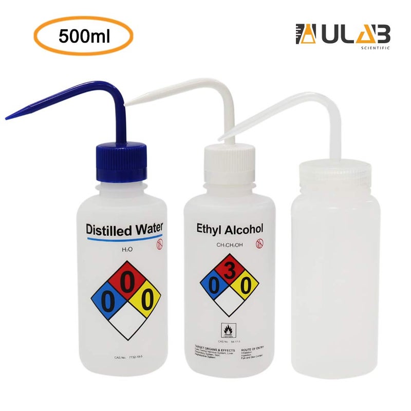ULAB Scientific Wash Bottle Set, 1 of Each for Self-Venting Safety Wash Bottles of Distilled Water and Ethyl Alcohol, Vol.500ml, LDPE Material, 1pc of General Wide-Mouth wash Bottle, LDPE Material - Image 2