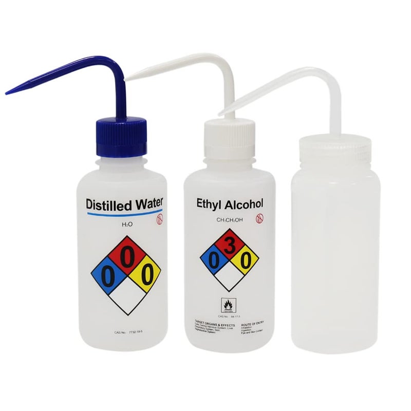 ULAB Scientific Wash Bottle Set, 1 of Each for Self-Venting Safety Wash Bottles of Distilled Water and Ethyl Alcohol, Vol.500ml, LDPE Material, 1pc of General Wide-Mouth wash Bottle, LDPE Material - Image 1