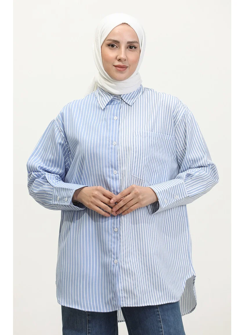 Sefa Merve Garnished Striped Shirt 4809-03 Blue