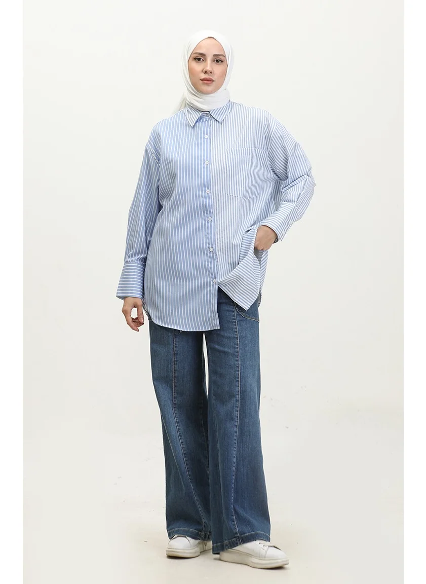 Sefa Merve Garnished Striped Shirt 4809-03 Blue