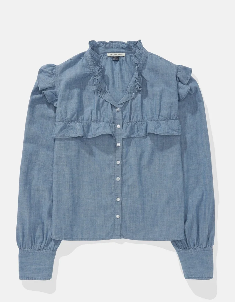 American Eagle AE Denim Ruffle Blouse