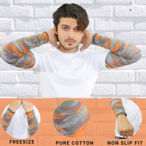 SOUL eTHICS Cotton Militery Print Full Hand Sleeves Arm Suitable for Riding, Gym for Skin Tan Sunburn Protection Summer, Sport HandSleeves, Tangy Neon Orange, Pack of 1 - Image 4