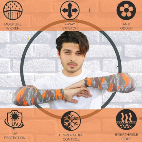 SOUL eTHICS Cotton Militery Print Full Hand Sleeves Arm Suitable for Riding, Gym for Skin Tan Sunburn Protection Summer, Sport HandSleeves, Tangy Neon Orange, Pack of 1 - Image 3