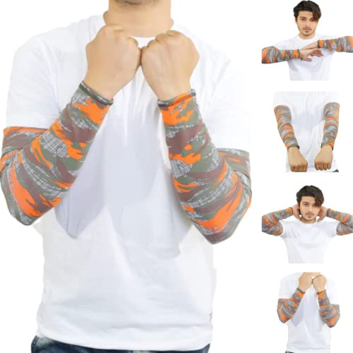 SOUL eTHICS Cotton Militery Print Full Hand Sleeves Arm Suitable for Riding, Gym for Skin Tan Sunburn Protection Summer, Sport HandSleeves, Tangy Neon Orange, Pack of 1 - Image 1