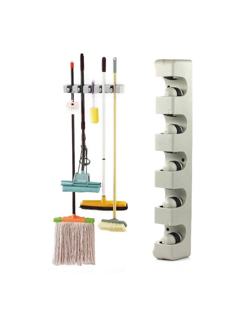 Mop And Broom Holder, Wall Mounted Organizer Mop And Broom Saving Space Storage Rack For Kitchen Garden And Garage,Laundry Offices,5 Position With 6 Hooks 